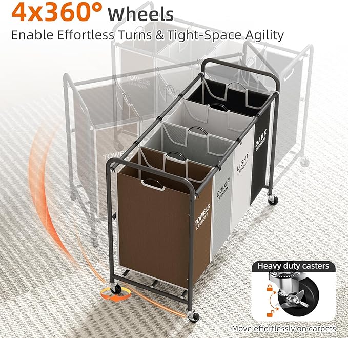 ROMOON Laundry Hamper Sorter Cart: 4-Section Organizer with Heavy-Duty Lockable Wheels and Removable Bags | 172L Rolling Laundry Basket for Dirty Clothes in Laundry Room or Small Spaces (Multicolor)