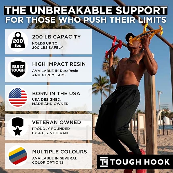 Tough Hook Original Multipurpose Heavy Duty Hanger, USA Made, Anti-Slip, 200 lb Capacity, Ideal for Tactical Gear, Body Armor, Scuba, Fitness Vests, 1 Black Plastic Piece