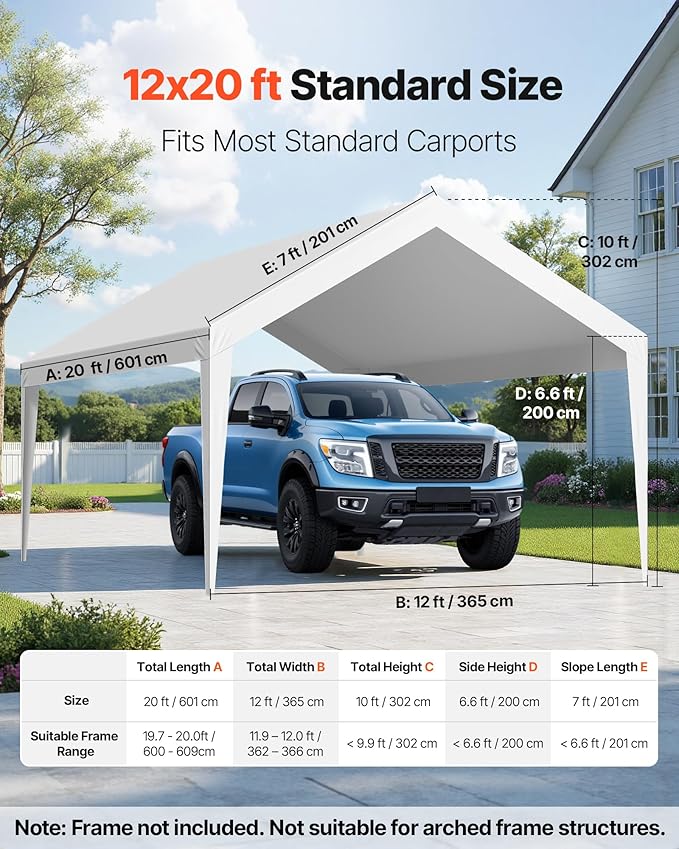 VEVOR Carport Replacement Canopy Cover, 12 x 20 ft Potable Garage Tent Top Tarp, UV-Resistant & Waterproof Car Shelter Tarp, Heavy Duty Car Port Cover with Ball Buggees, White, Frame Not Included