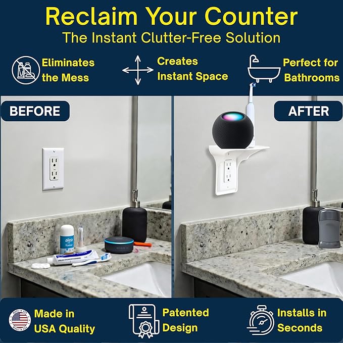 BeraTek Power Perch Wall Outlet Shelf with Cord Storage Strap - Declutter & Reclaim Counter Space - Top Uses: Charging Shelf, Echo Dot Stand, Apple HomePod Mini Wall Mount - White, 2-Pack