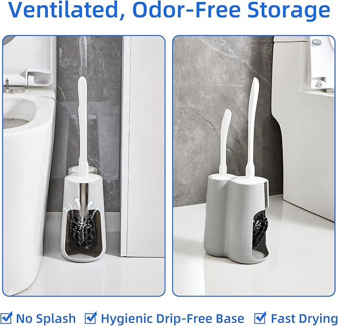 Toilet Brush and Holder Set with Pumice Stone – Long Handle Toilet Bowl Brush, Anti-Splash Scrubber, Ventilated Drip-Free Base, Deep Cleaner for Hard Water Stains, Limescale, Toilet Rings, Grey