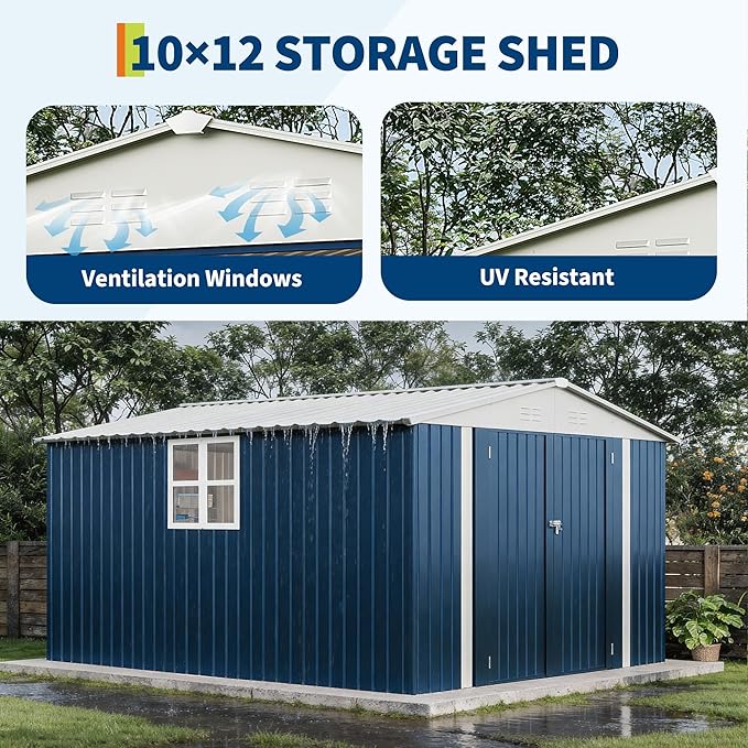 GarveeLife 10x12 FT Metal Storage Shed for Outdoor with Floor Frame&Clear Window,Steel Yard Shed with Design of Lockable Doors, Utility and Tool Storage for Garden, Backyard, Patio, Outside,Navy Blue