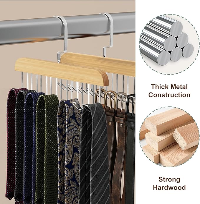4 Pack Tie Hanger for Closet, Wooden Tie Rack Hangers for Men with 8 Hooks, Space Saving Tie Holder Organizer,Closet Storage for Ties,Belts,Bras,Scarves,Tank Tops