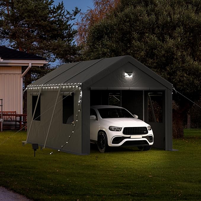 Carports Canopy 10x20 Heavy Duty, Portable Car Port Garage with Roll Up Drive Through Doors, Grey