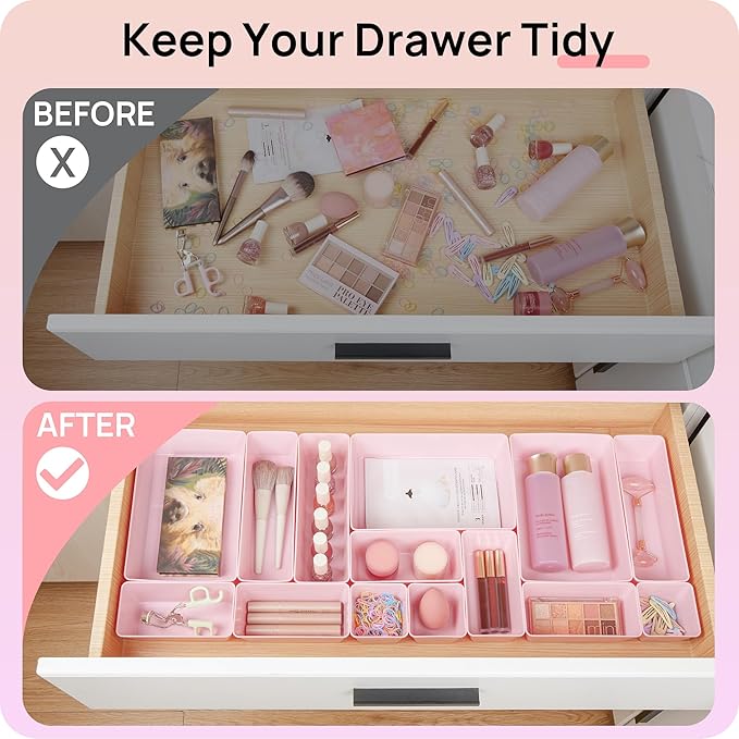 Vtopmart 44 PCS Plastic Drawer Organizers Set, 4-Size Versatile Bathroom and Vanity Organizer Trays, Non-Slip Storage Containers for Makeup, Jewelries, Bedroom，Kitchen Utensils and Office, Pink
