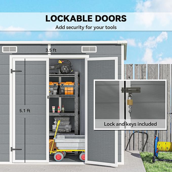 Outsunny 8' x 4' Outdoor Storage Shed, Waterproof Resin Plastic Shed with Floor, Window, Lockable Doors and Vents, All-Weather Garden Tool Shed for Backyard, Patio, Lawn, Gray