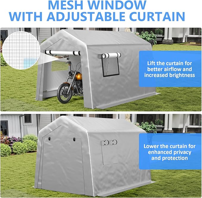 Carport 6x8 FT Enclosed Carport with Roll-up Windows, Portable Garage with Removable Sidewalls & Doors, Car Canopy Tent with Sandbags All-Season Tarp for Bike Motorcycle