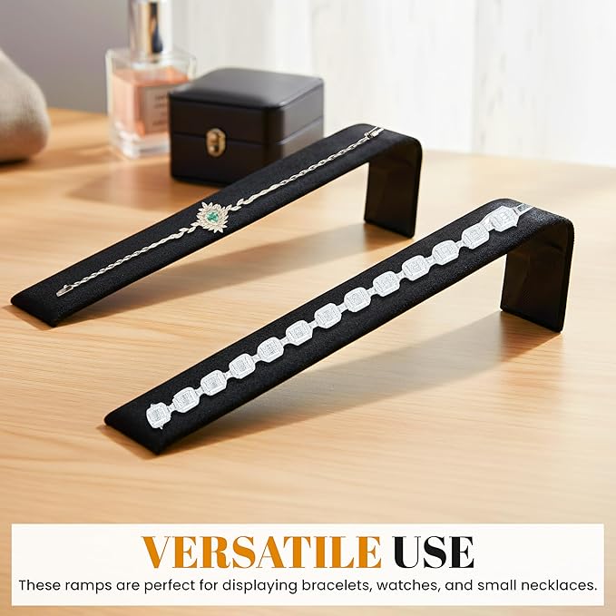 Novel Box 2 Pack Black Velvet Bracelet Display Ramps 1 1/2 W x 8 L x 2 1/8 H Inches - Jewelry Stand Bracelets Organizer for Women - Elegant Bracelet/Watch Ramps for Craft Shows, Selling & Personal Use