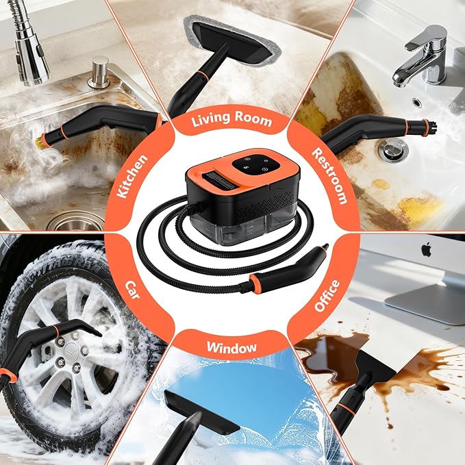 Steam Cleaner, Portable Steamer for Cleaning with 16pcs Accessories, 6-Level Adjustable, 15s Heat-Up, Handheld Steam Cleaner for Home for Tile, Grease, Dirt, Grout, Car Detailing, Orange