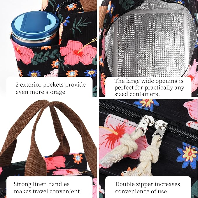 Lunch Box for Women, Large Capacity Lunch Bag Women with Bottle Holder & Side Pockets,Cute lunch box Insulated Lunch tote bag for Work Office Travel Picnic (Flower)