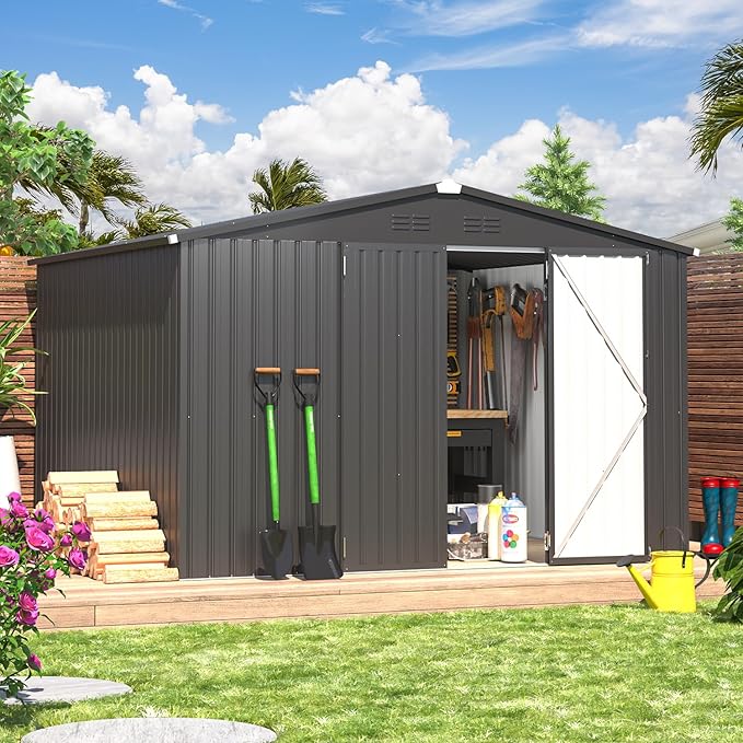 AECOJOY 8' x 10' Outdoor Storage Metal Shed, Dark Grey Steel Yard Shed & Outdoor Storage Clearance with Design of Lockable Doors, Utility and Tool Storage for Garden, Backyard, Patio, Outside use