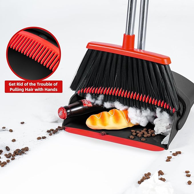 Broom and Dustpan Set, 52-in Long Adjustable Handle Broom with Dustpan Combo Set with Dust Pan Teeth for Home Office Kitchen Lobby Floor to Clean Pet Hair Indoor&Outdoor Cleaning