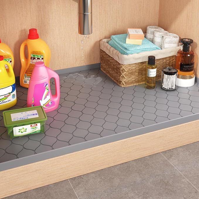 Silicone Under Sink Mat 28" x 19", kitchen Essentials and Gadgets, Shelf liner and Cabinet Protector, Home Organizers and Storage, Waterproof Bathroom Tray