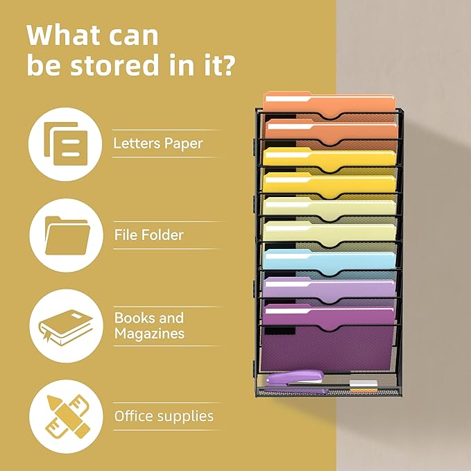 SUPEASY 10Tier Hanging Wall File Holder Organizer for Papers, Folders, Files Clipboard & Magazine Organization Great for Office Home, Assembly Needed, Black