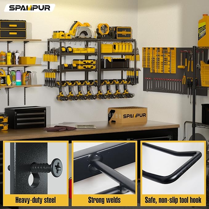 Power Tool Organizer Wall Mount, Heavy Duty 420LB with 8-Slot Drill Holder - All-in-One Garage Storage for Workshop, Christmas Gift for Men, Dad, DIYers, 15 Min Quick Assembly