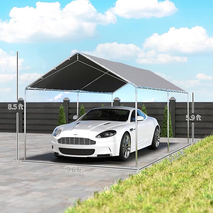 Outsunny 10'x20' Carport Outdoor Heavy Duty Party Tent Galvanized Car Canopy with Included Anchor Kit, 3 Reinforced Steel Cables, Gray