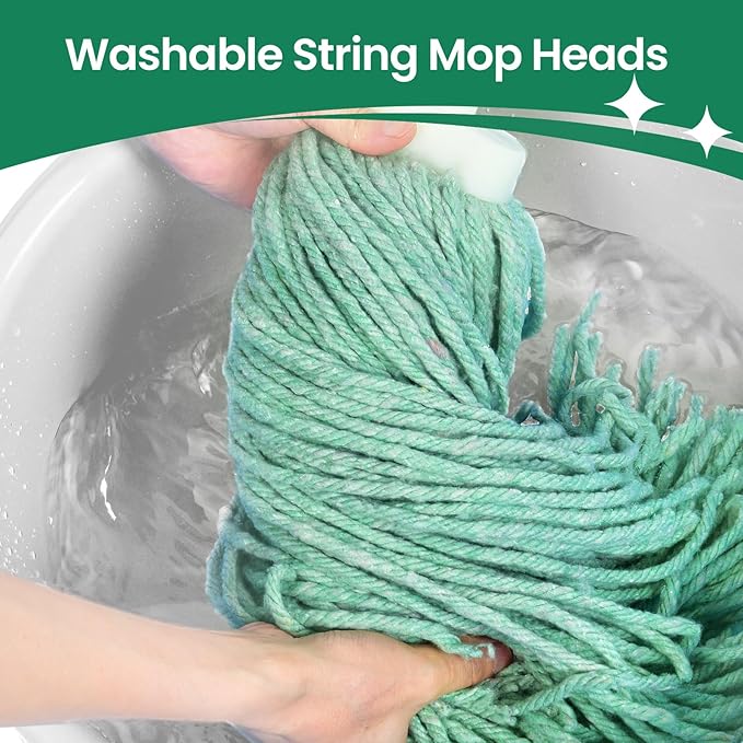 Matthew Cleaning Screw-on Heavy Duty Cotton Wet Mop Replacement Heads(Green, Medium,3Pack) with 2 Pack Microfiber Cloth for Residential & Commercial Floor Cleaning Use- Fit Standard American Screw