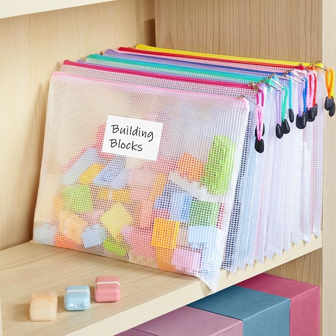 Sooez 32 Pack Mesh Zipper Pouch Bags, A4 Letter Size, Zipper Bags with Label Pocket, Waterproof Pouches for Classroom Organizer, Board Game Toy Storage, Document Bag for Teacher School Office Supplies
