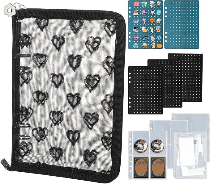 Enamel Pin Display Book Collection Trading Book Portable Brooch Pins Holder Storage Organizer Case Zippered (Black Heart Lace)