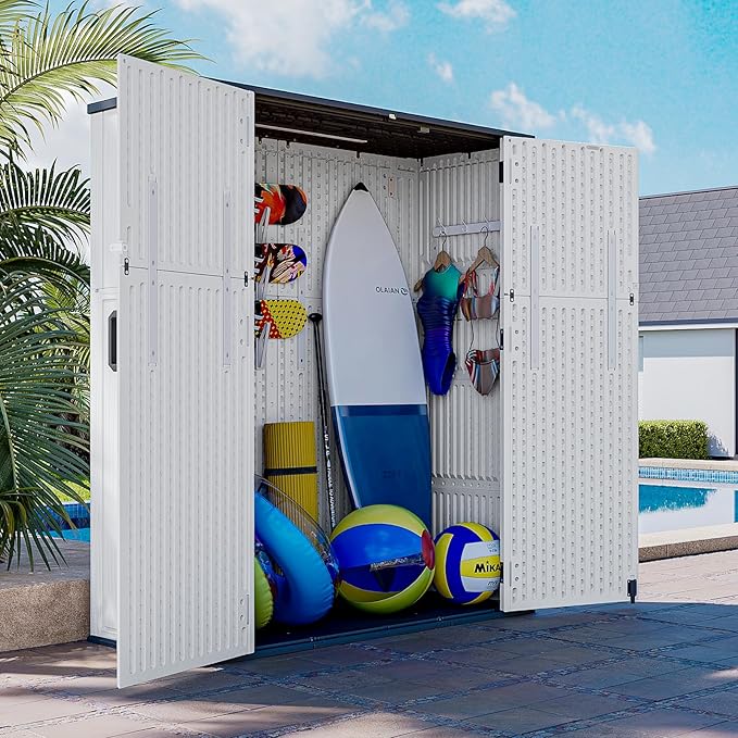 AOXUN Horizontal Storage Sheds 61 Cu.ft, HDPE Outdoor Storage Box 160 Gallon, Waterproof Lockable Resin Deck Box with Spring-Assisted Lid, Patio Storage for Garden, Pool, Cushions, Tools, White