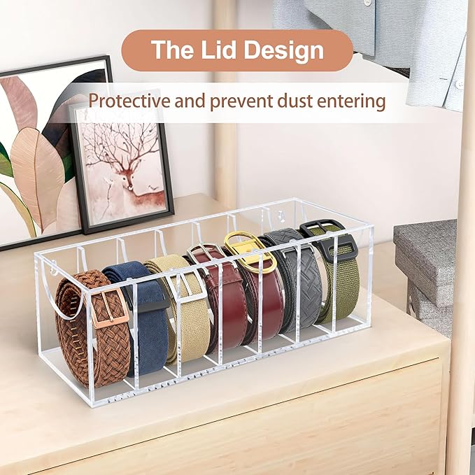 Belt Organizer, Acrylic Belt Storage Organizer for Closet with Dust Cover and Drawer,7 Compartments Transparent Display Case for Belts