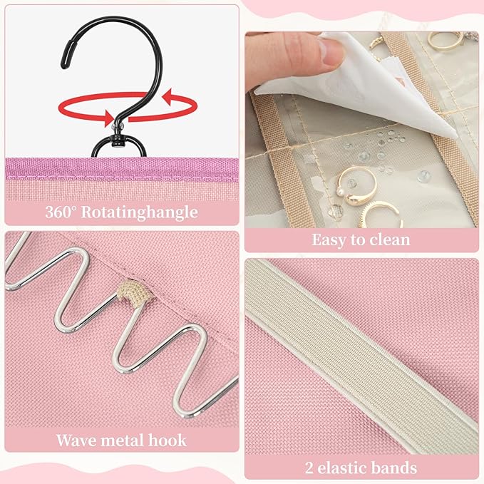 GMAK Hanging Jewelry Organizer with Hanger Metal Hooks, Double-Sided Jewelry Holder Accessories Organizer Storage Roll for Jewelry, Earrings, Bracelets, Necklaces, Rings - Pink