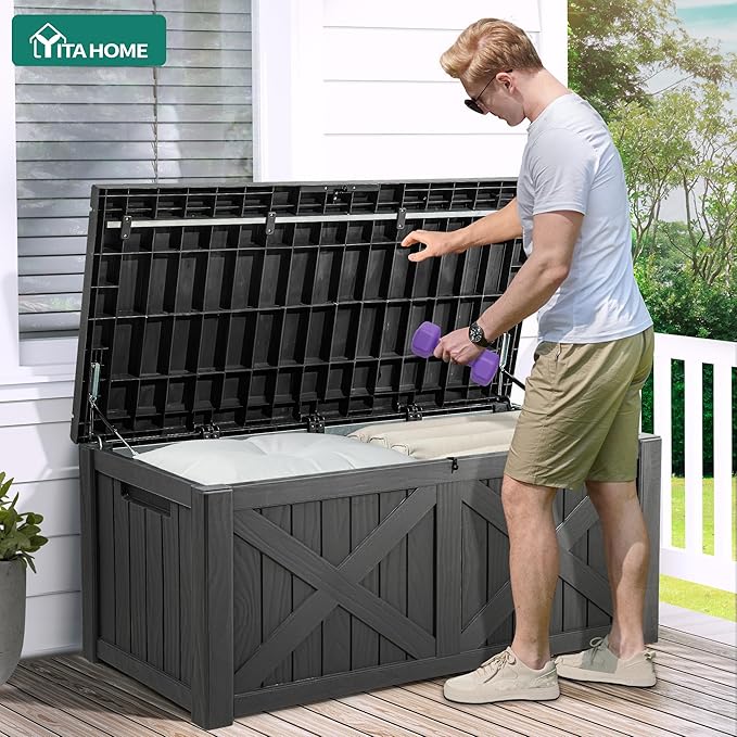 YITAHOME 150 Gallon Large Outdoor Storage Box with X-Shaped Front, Waterproof Resin Deck Box Cushion Storage Bench for Patio, Pool Supplies, Garden Tools - Lockable, Dark Gray