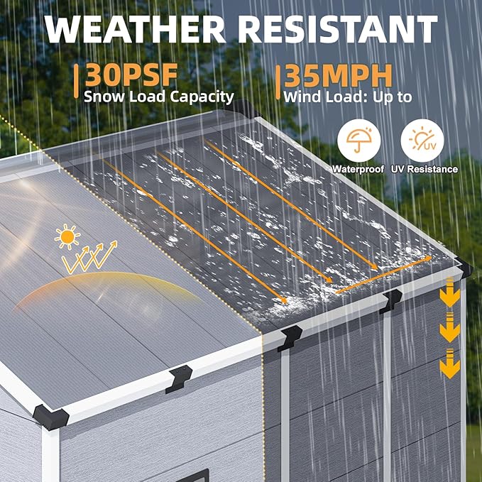 MELLCOM 8 x 8 FT Resin Outdoor Storage Shed with Floor, Storage Tool Shed with Windows and Lockable Door, Resin Garden Shed for Lawnmower, Bike, Pool Supply