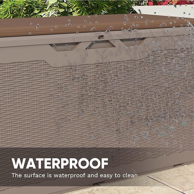 Patiowell 100 Gallon Resin Deck Box with cushion, Waterproof Large Outdoor Storage Box for Patio Furniture and Garden Tools, Light Brown