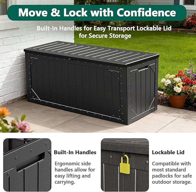 100 Gallon Outdoor Storage Box, Waterproof Resin Deck Box Organizer for Patio Cushion Storage, Lockable Outside Container for Garden Tools
