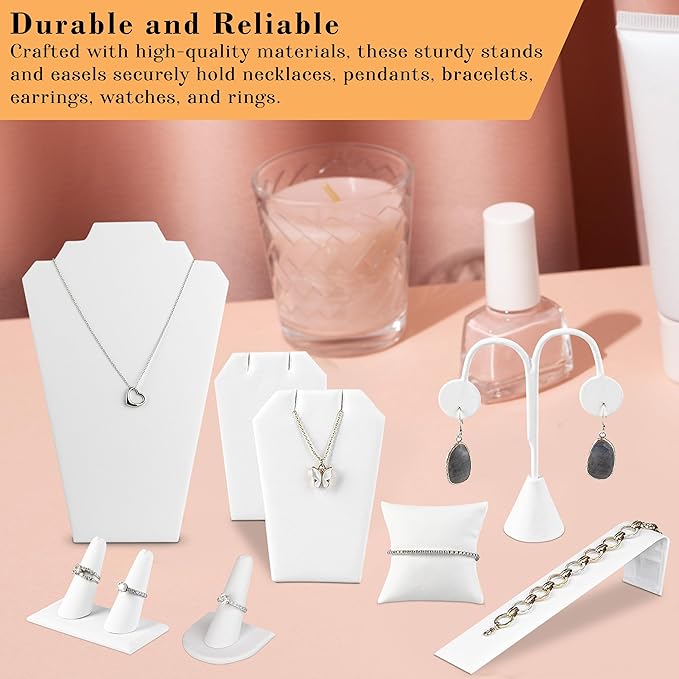 Novel Box White Leatherette 11 Pieces Jewelry Display Set for Necklaces, Bracelets, Rings, Earrings, Pendants & Watches - Jewelry Displays Sets for Selling or Personal Use