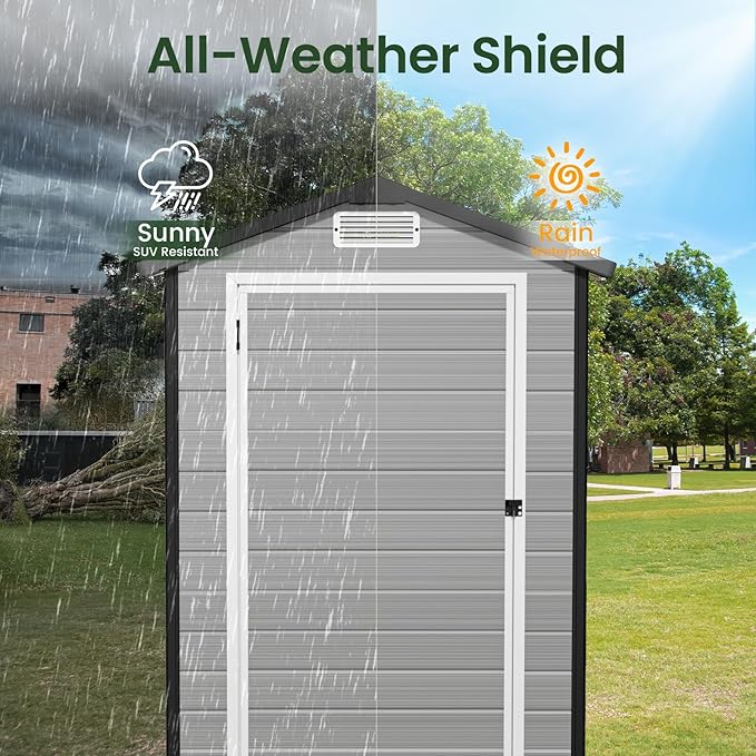 GVDV 4×6FT Outdoor Resin Plastic Storage Shed with Reinforced Floor, All-Weather Plastic Shed with Lockable Door, Window, Waterproof Tool Storage for Garden, Backyard, Patio, Tool Storage