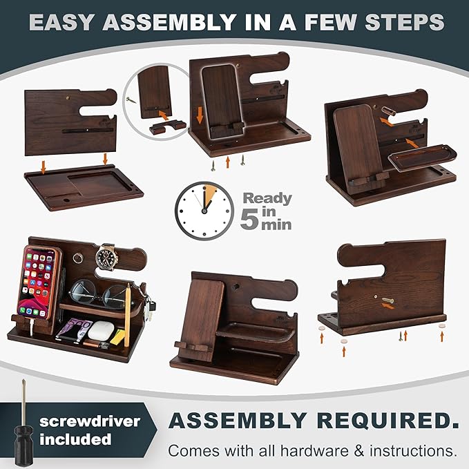 TESLYAR Wood Phone Docking Station for Men - Desk or Nightstand Organizer - Birthday Gifts for Husband, Dad - Anniversary Idea from Wife - Key Holder, Stand Wallet, Watch, Essentials (Chocolate Brown)
