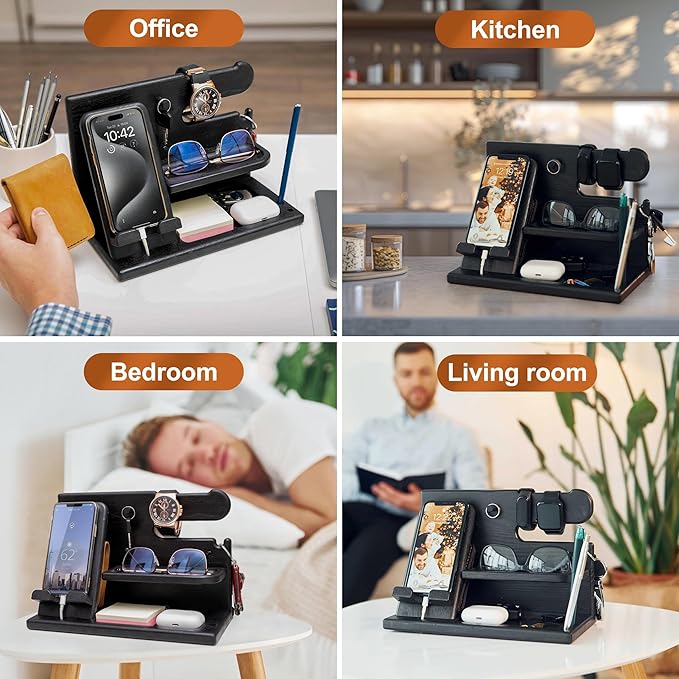 TESLYAR Wood Phone Docking Station for Men - Desk or Nightstand Organizer - Birthday Gifts for Husband, Dad - Anniversary Idea from Wife - Key Holder, Stand Wallet, Watch & Essentials (Granite Black)