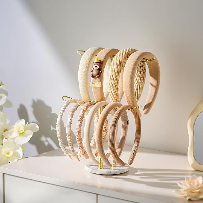 Headband Holder Organizer Two-Tier with Marble Base: Jewelry Display for Women, Hair Accessories Storage Stand Scrunchie Necklace rack for Girls, for Bathroom, Vanity, Dresser, Gold