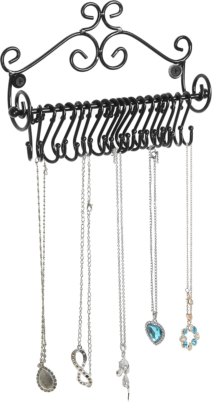 MyGift Jewelry Organizer - Wall Mounted Black Metal Scrollwork Design Necklace Holder Jewelry Display Storage Rack with 20 Hanging S-Hooks