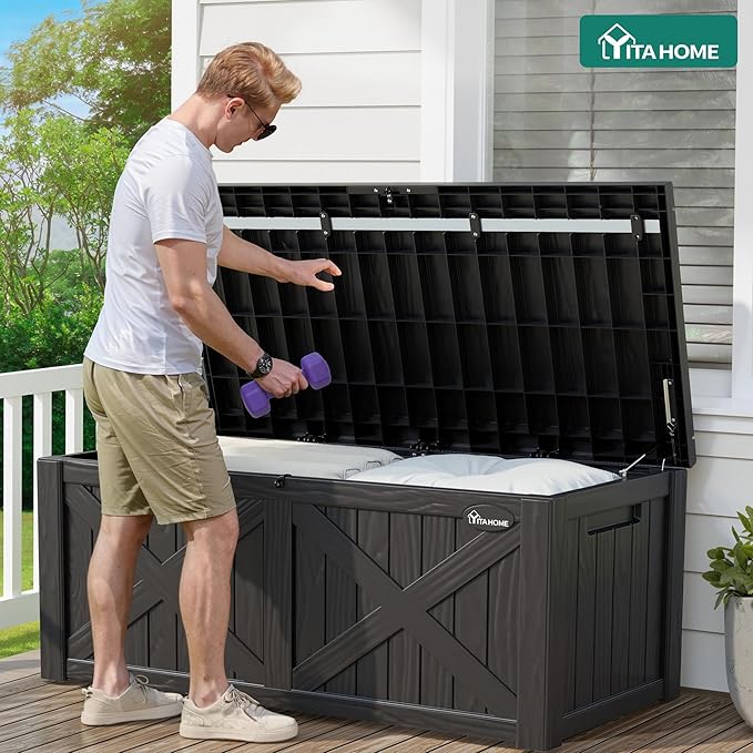 YITAHOME 150 Gallon Large Outdoor Storage Box with X-Shaped Front, Waterproof Resin Deck Box Cushion Storage Bench for Patio, Pool Supplies, Garden Tools - Lockable, Black