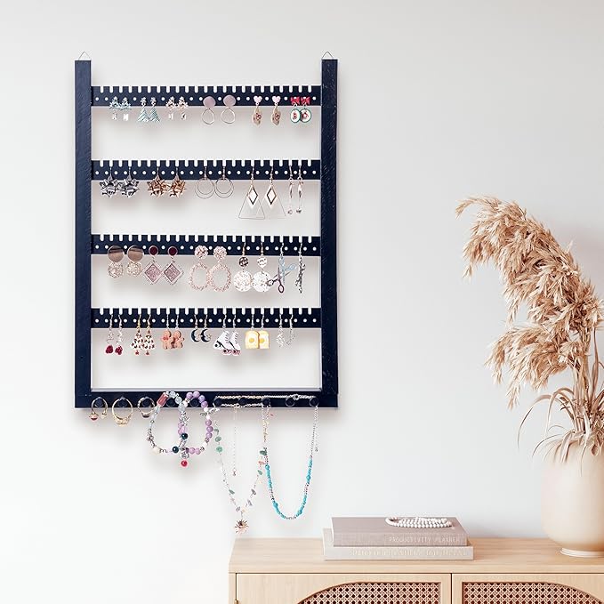 Solid Wood Earring Hanging Jewelry Organizer Wall Mounted Earring Organizer and Necklace Holder- Earring Display for studs, dangling, Necklace, Bracelet, and Rings-Black Color