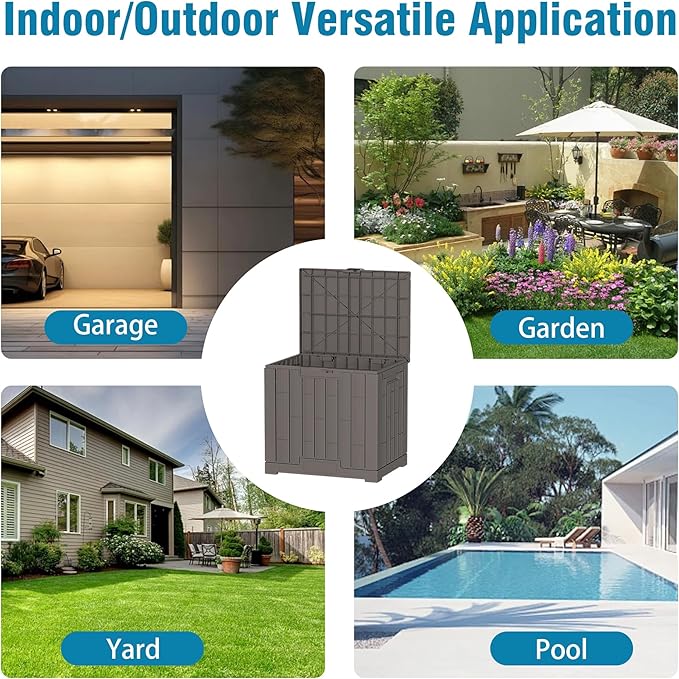 Outdoor Storage Box, 30 Gallon Resin Waterproof Deck Box, Lockable, Built-in Handle, Outside Storage Container for Patio, Garden and Garage