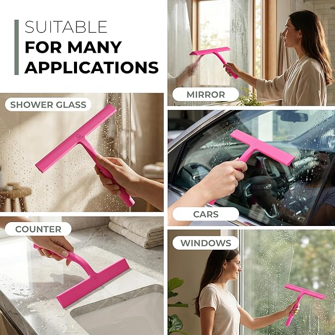 GÜTEWERK Shower Squeegee for Glass Doors, Silicone Window Squeegee, Bathroom and Glass Cleaning - Pink - 15 Inch