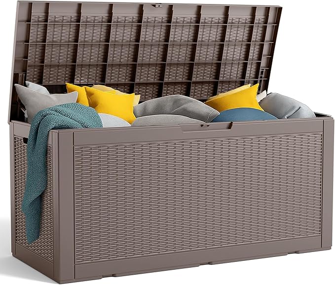 120 Gallon Outdoor Deck Box,Waterproof Resin Outdoor Storage Boxes, Outside Storage Lockable Container for Garden Tools,Indooor Cushions,Accessories (Grey)