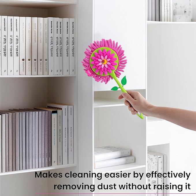 Vigar Flower Power Microfiber Duster with Comfortable Non-Slip Handle, Detachable Washable Duster Head, Green and Pink