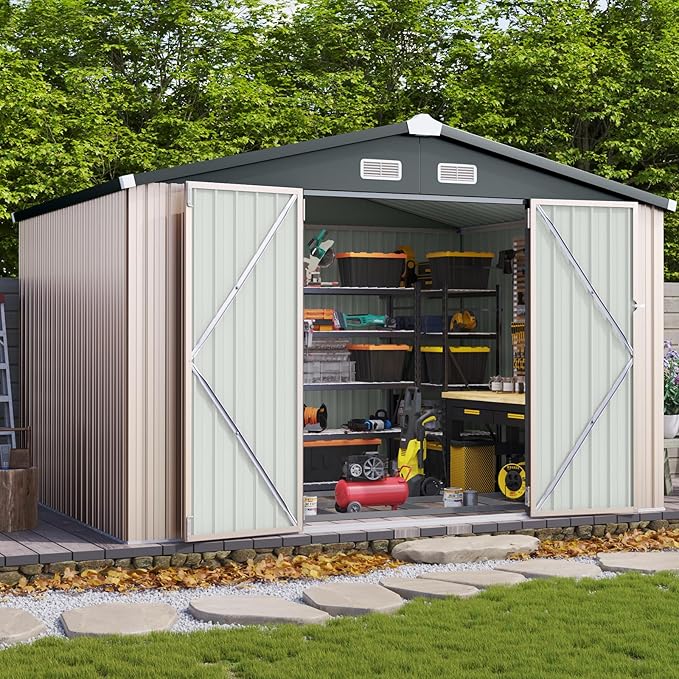 Aoxun 8x10 FT Shed Outdoor Storage Shed with Base, Large Shed Steel Utility Tool Shed Storage House with Door & Lock, Metal Sheds with Sloped Roof for Garden Patio Lawn Poolside, Brown