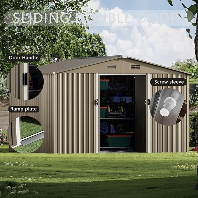 10 x 8 FT Outdoor Storage Shed with Frame Floor, Waterproof Lockable Door Metal Tool Shed with Sliding Door and Ventilation, Gardening Tool Storage Room, Metal Storage Shed for Gardens & Lawns