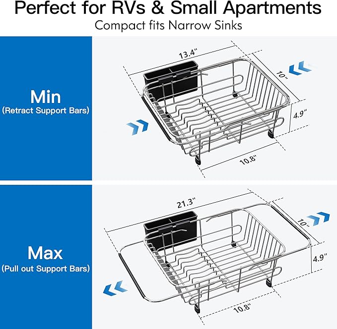 Apartment RV Small Dish Drainer Drying Rack Over The Sink In Stainless Steel for Narrow Kitchen, Counter Space Saving Compact Expandable Metal Plate Dryer Strainer, Modern Above Wire Drain Holder