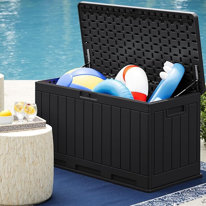 Greesum 90 Gallon HDPE Outdoor Storage Box - Waterproof, Large Capacity Deck Box for Patio, Yard, Garden Tools, Black