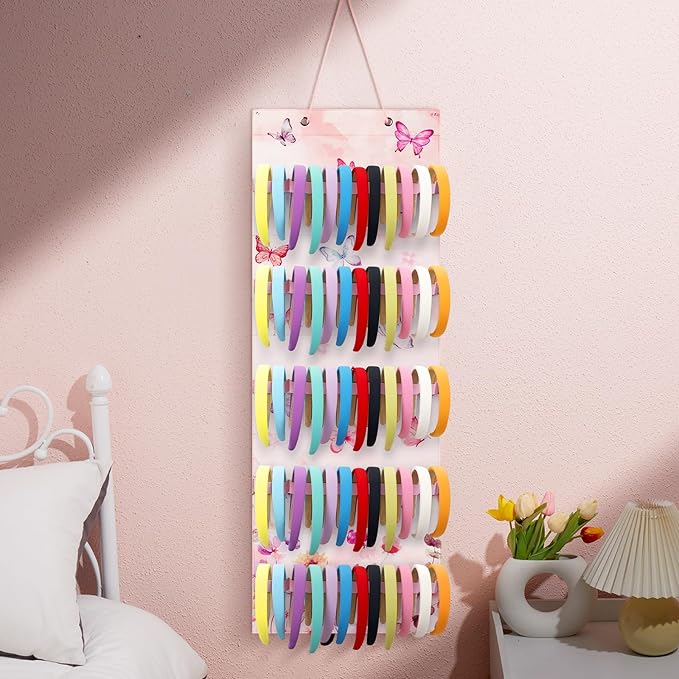 Tudomro Hanging Headband Holder for Girls Felt Hair Accessories Organizer with 60 Elastic Bands Bow Hanger for Girls Hair Bows Without Headbands(Butterfly,Pink, Purple)