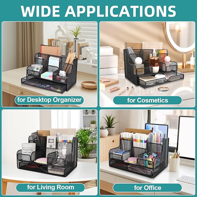Black Mesh Desk Organizer Caddy and Accessories with 7 Compartments, Mesh Multifunctional Desktop Accessories Organizers Office Supplies Desktop Organizer for Home, Office