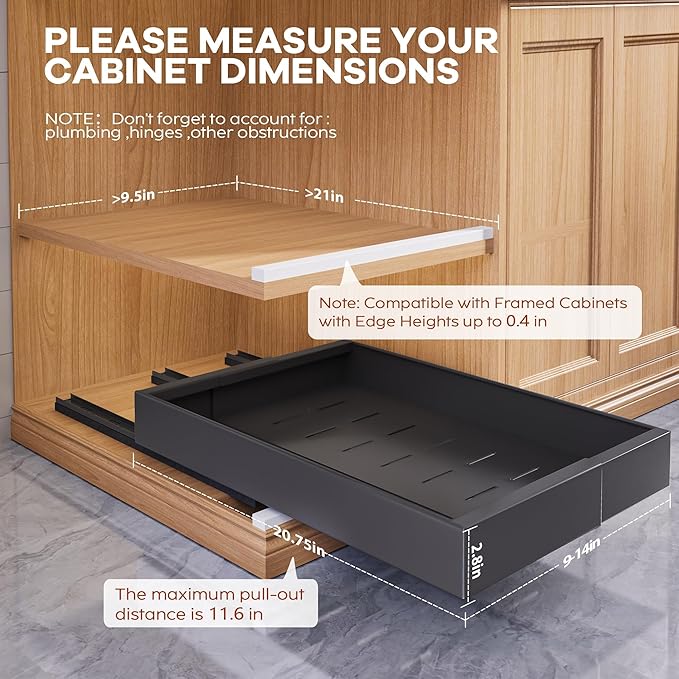2 Pack Expandable Pull Out Cabinet Organizer 21" Deep with Raising Pad for Framed Cabinets,Upgrade 3 Slide Rails Slide Out Drawers,Roll Out Shelves Adhesive,Adjustable Width 9"-14.1" Black