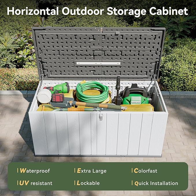 Aoxun 160 Gallon Resin Large Outdoor Storage Box, Horizontal Storage Sheds 21 Cu.ft, Waterproof Lockable Deck Box with Spring-Assisted Lid, Patio Storage for Garden, Pool, Cushions, Tools, White